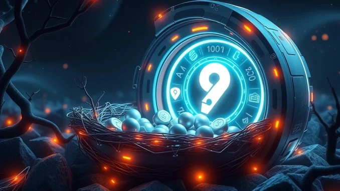 A digital representation of Plume's Nest protocol, featuring glowing Plume Nest Points (PNP) and symbols of real-world assets.