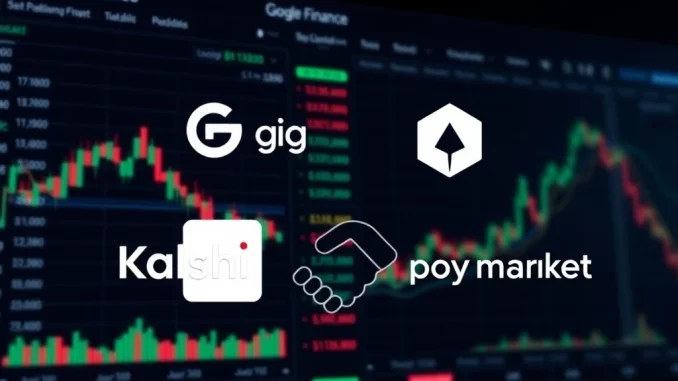 Illustrates Kalshi and Polymarket's integration with Google Finance, symbolizing the expanding reach of **prediction markets** into mainstream finance.