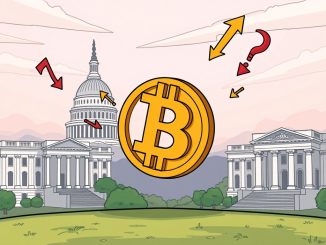Cartoon illustrating the prix du Bitcoin struggling to rise, with government buildings and economic uncertainty symbols in the background.