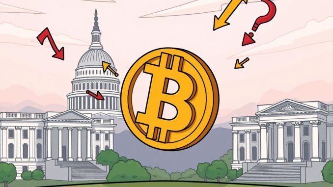 Cartoon illustrating the prix du Bitcoin struggling to rise, with government buildings and economic uncertainty symbols in the background.
