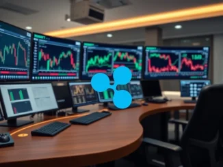 A modern trading desk with screens displaying crypto charts, symbolizing secure **Ripple OTC trading** for institutional clients.