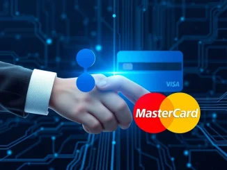 Two hands, one representing Ripple and the other Mastercard, shaking over a digital blockchain network, symbolizing the partnership to enable credit card settlements on the XRP Ledger.