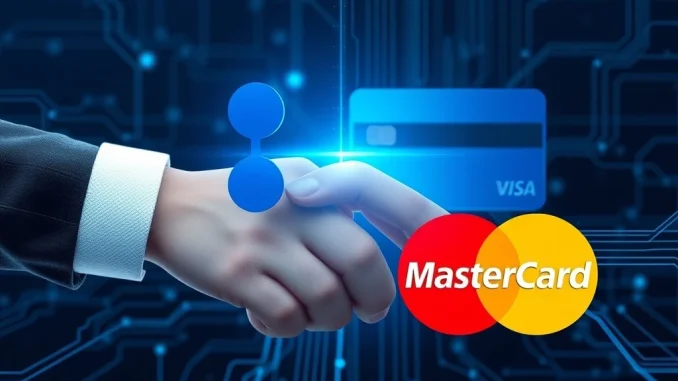 Two hands, one representing Ripple and the other Mastercard, shaking over a digital blockchain network, symbolizing the partnership to enable credit card settlements on the XRP Ledger.