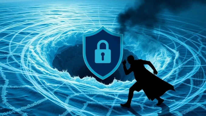 Visual representation of a crypto attack impacting River token price, showing a digital river under threat and security measures in place.