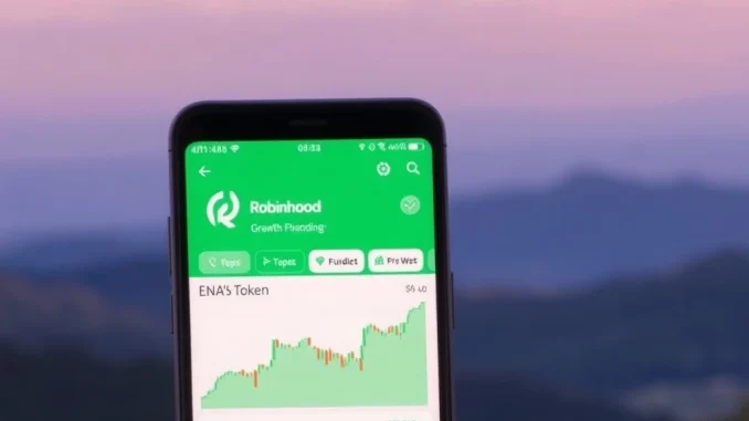 A vibrant ENA token logo displayed on the Robinhood Crypto app interface, symbolizing the new Robinhood ENA listing and increased accessibility for digital asset traders.