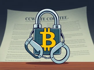 Image showing a judge's gavel next to a digital representation of Bitcoin, symbolizing the legal crackdown on Samurai Wallet and **Bitcoin mixing services**.