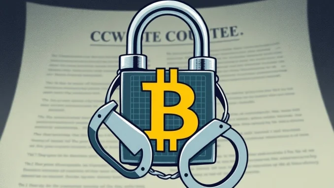 Image showing a judge's gavel next to a digital representation of Bitcoin, symbolizing the legal crackdown on Samurai Wallet and **Bitcoin mixing services**.