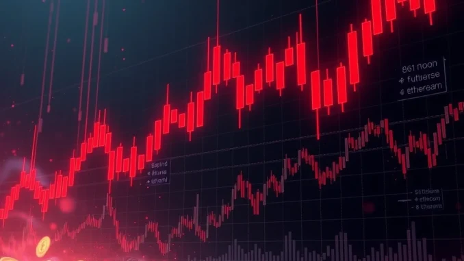 A digital chart showing a sudden drop in crypto futures liquidations, highlighting the recent $166M event across Bitcoin and Ethereum.