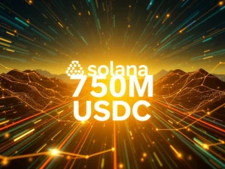 Illustrates the significant 750M USDC stablecoin minting on the Solana network, symbolizing rapid growth and digital dollar adoption.