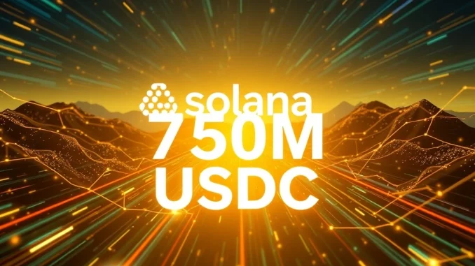 Solana's Explosive Growth: 750M USDC Minted, Bolstering Digital Dollar Dominance Illustrates the significant 750M USDC stablecoin minting on the Solana network, symbolizing rapid growth and digital dollar adoption.