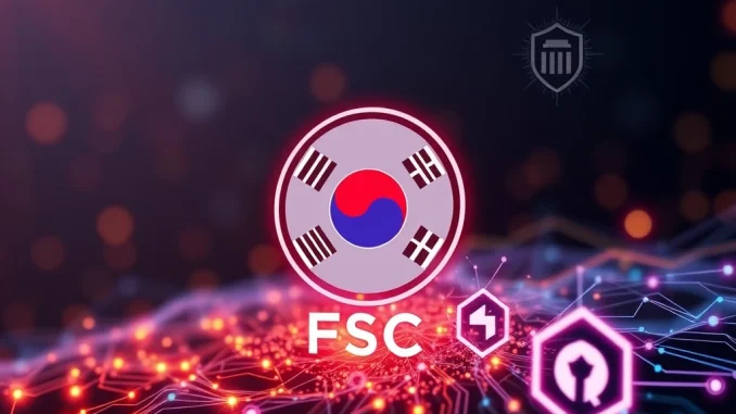 A visual representation of South Korea crypto regulation with the FTC logo overlooking Dunamu and Bithumb, symbolizing a potential designation as financial conglomerates.