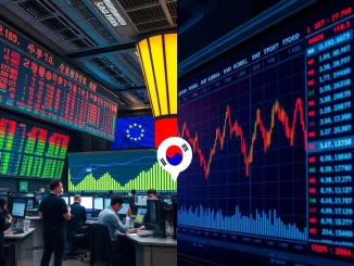 Visualizing the dramatic divergence in South Korea crypto trading volume compared to the surging KOSPI stock market.