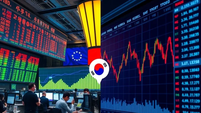 Visualizing the dramatic divergence in South Korea crypto trading volume compared to the surging KOSPI stock market.