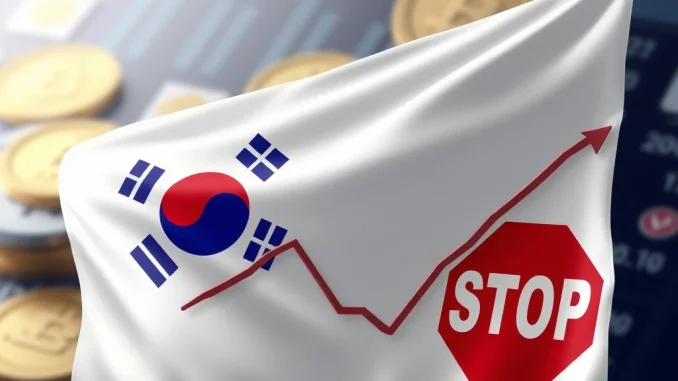 Illustration of South Korean regulators halting **spot crypto ETF** trading, depicting financial symbols and a regulatory block.