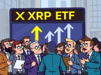 A cartoon illustration depicting the immense anticipation for the launch of the first US Spot XRP ETF, with investors eagerly watching.
