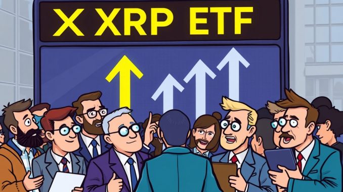 A cartoon illustration depicting the immense anticipation for the launch of the first US Spot XRP ETF, with investors eagerly watching.