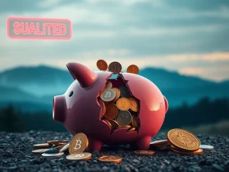 An illustration representing Stream Finance halting operations after a significant DeFi loss, showing a broken digital piggy bank.