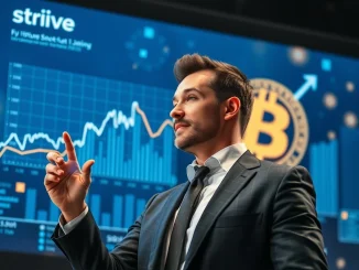 Strive Bitcoin investment strategy depicted by a professional monitoring rising BTC holdings on a screen, symbolizing growth.