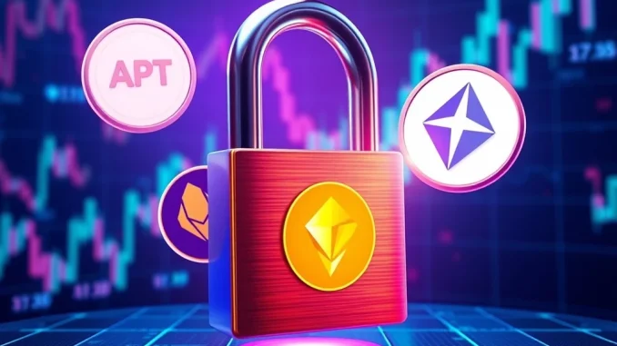 Crucial Token Unlocks: Over $200M in Crypto Set to Hit the Market This Week, Including a Major APT Unlock Illustrating crucial token unlocks for APT, Arbitrum, and other major cryptocurrencies, depicting their release into the market and potential impact.