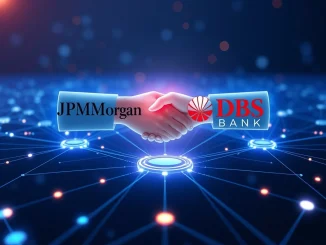 Abstract representation of JPMorgan and DBS Bank collaborating on tokenized deposits across blockchain networks, symbolizing secure institutional crypto transfers.