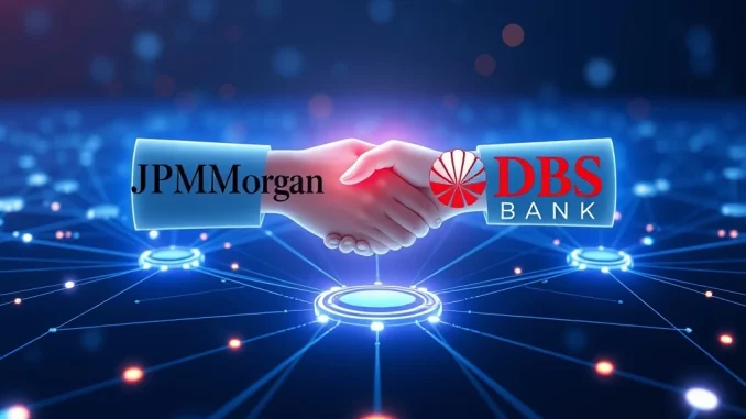 Revolutionary Tokenized Deposits: JPMorgan and DBS Bank Forge a New Blockchain Frontier Abstract representation of JPMorgan and DBS Bank collaborating on tokenized deposits across blockchain networks, symbolizing secure institutional crypto transfers.