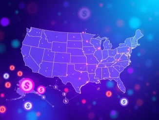 A digital map of the US showing six new states highlighted, symbolizing Transak's expansion of US crypto licenses for stablecoin and Web3 payments.