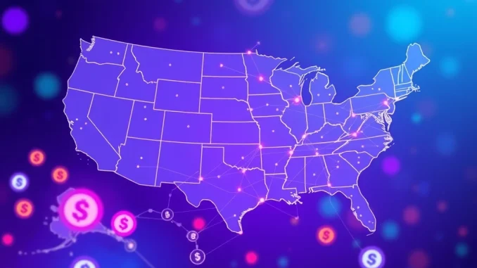 Transak Achieves Crucial US Crypto Licenses in 6 New States, Pioneering Web3 Payments Expansion A digital map of the US showing six new states highlighted, symbolizing Transak's expansion of US crypto licenses for stablecoin and Web3 payments.