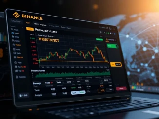 Binance trading interface displaying **TRUST perpetual futures** chart and order book, indicating new market opportunities for traders.