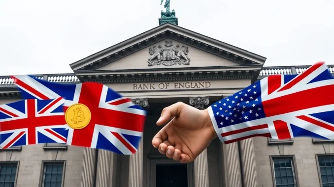Bank of England building with digital currency symbols, symbolizing the alignment of UK stablecoin regulations with US policy.