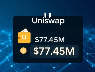 Visualizing a significant Uniswap UNI token transfer to a cryptocurrency exchange, highlighting the $77.45 million transaction.