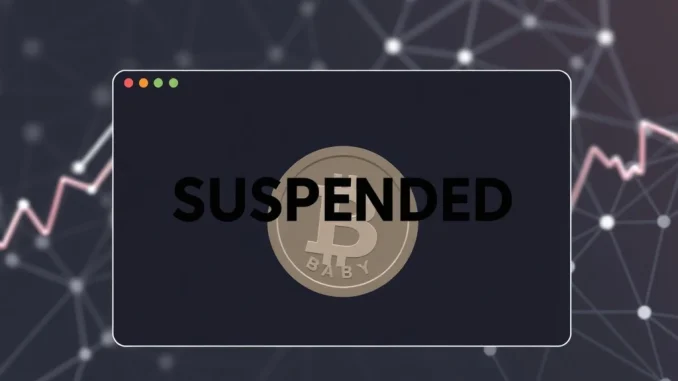 A digital interface showing an **Upbit Babylon suspension** notice for deposits and withdrawals, signifying a temporary halt in trading due to a network upgrade.