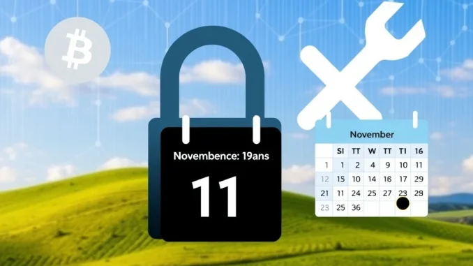 A digital padlock and wrench symbolize Upbit crypto deposits and withdrawals temporarily suspended for maintenance.