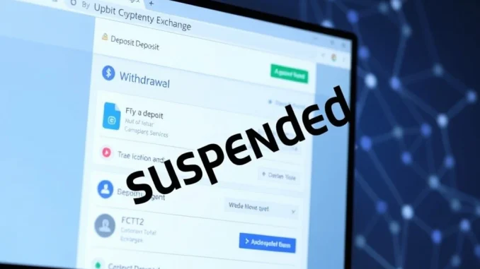 A digital interface showing Upbit's announcement regarding the temporary FCT2 suspension, indicating a halt in transactions.