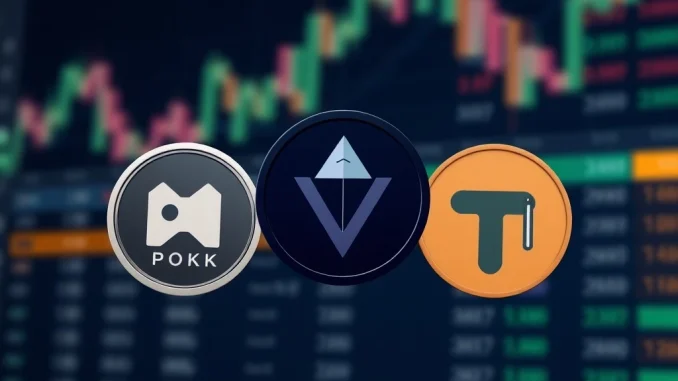 Visualizing the Upbit suspension for POKT, THETA, and TFUEL, showing crypto coins with a maintenance icon, indicating temporary service interruption.