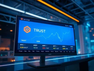 Upbit exchange interface showcasing the new Intuition (TRUST) token listing with trading pairs, highlighting its availability for South Korea crypto traders.