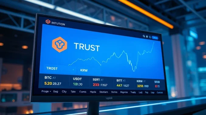 Upbit exchange interface showcasing the new Intuition (TRUST) token listing with trading pairs, highlighting its availability for South Korea crypto traders.