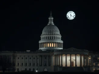The US Capitol building illuminated at night, symbolizing the crucial US House vote to resolve the federal funding crisis.