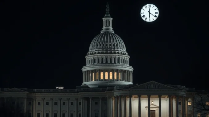 The US Capitol building illuminated at night, symbolizing the crucial US House vote to resolve the federal funding crisis.