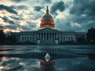 Capitol building under storm clouds, symbolizing US Senate budget uncertainty and its potential ripple effect on the cryptocurrency market.