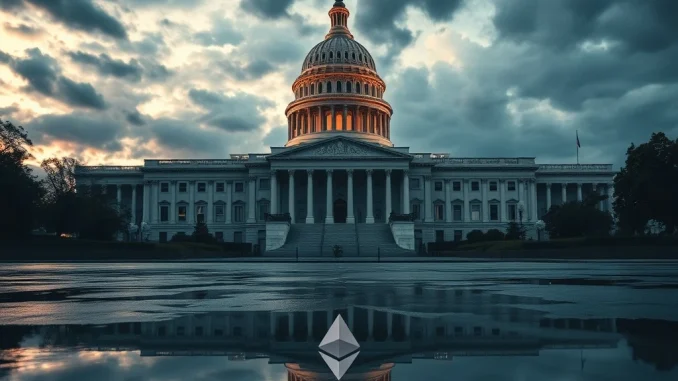 Capitol building under storm clouds, symbolizing US Senate budget uncertainty and its potential ripple effect on the cryptocurrency market.