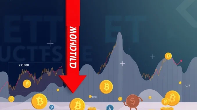 Urgent: US Spot Bitcoin ETFs Witness Massive $566M Outflow A chart showing a significant downward trend in US spot Bitcoin ETFs, representing the $566.4 million net outflow.