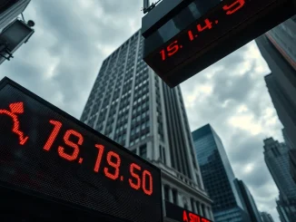 Digital display showing a significant US stock market decline with red numbers and downward arrows, representing the S&P 500, Nasdaq, and Dow Jones drops.
