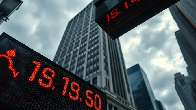Digital display showing a significant US stock market decline with red numbers and downward arrows, representing the S&P 500, Nasdaq, and Dow Jones drops.