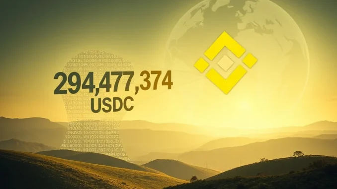 Massive USDC Transfer Sparks Intense Binance Activity Visualizing a substantial USDC transfer from an unknown wallet to the Binance exchange, highlighting the scale of this crypto whale movement.