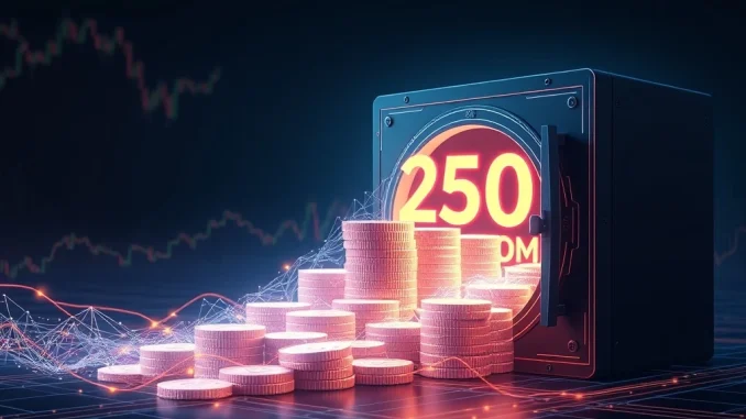 Digital representation of 250 million USDC minted, signifying a major stablecoin movement and its impact on the crypto market.