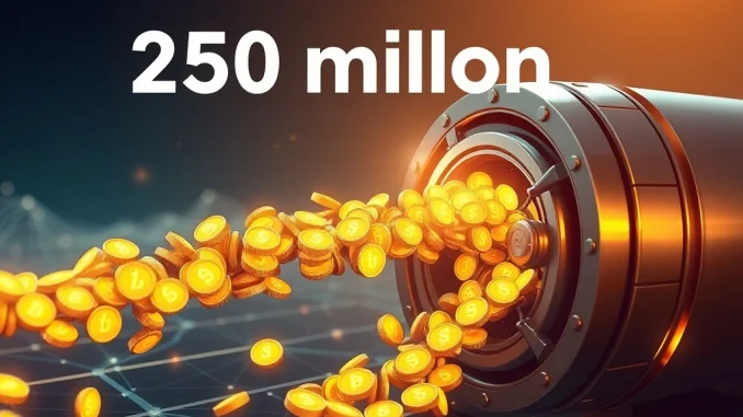 Digital coins representing 250 million USDC being minted into a treasury, symbolizing increased stablecoin liquidity and crypto market dynamics.