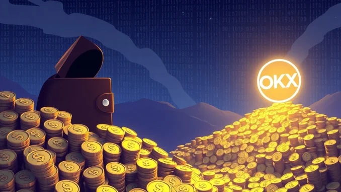 A digital visualization of a massive USDT transfer from a crypto whale wallet to the OKX exchange, highlighting significant market movement.