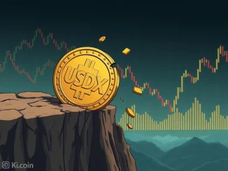 USDX stablecoin de-peg event showing a digital coin breaking apart, representing StablesLab's USDX crisis.