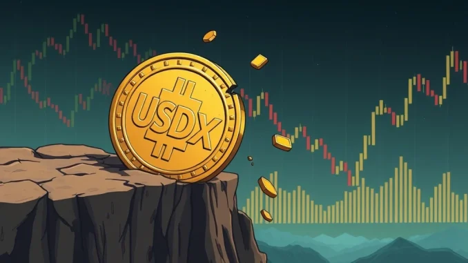USDX stablecoin de-peg event showing a digital coin breaking apart, representing StablesLab's USDX crisis.