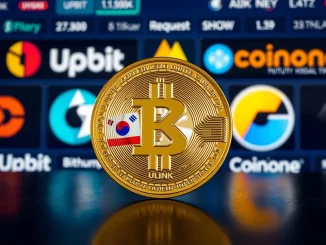 UXLINK token relisting efforts on South Korean crypto exchanges, showing a digital coin with Korean flag and exchange logos.
